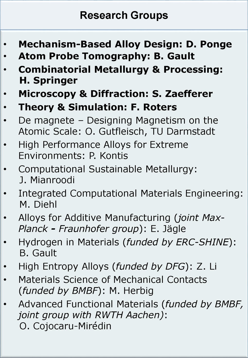 Fig. 2: Research groups in the Department for Microstructure Physics and Alloy Design. The upper 5 groups (bold) are permanently funded. The bottom 5 groups are temporary initiatives which are funded by grants.