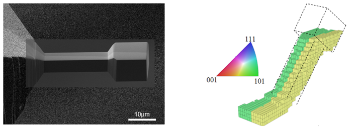 Figure 1: SEM image and 3D reconstruction of an undeformed copper bicrystal cantilever (5x5x25µm³). Figure 1: SEM image and 3D reconstruction of an undeformed copper bicrystal cantilever (5x5x25µm³).