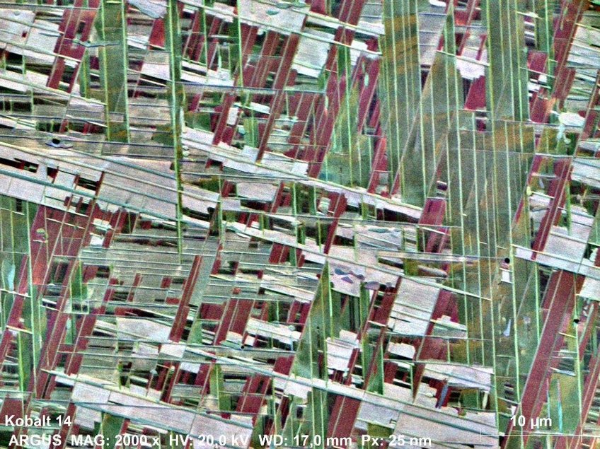 Fig. 1: Microstructure of a Co-4 at.% Nb alloy that was kept for 100 h at 900 °C subsequent to a solid-solution heat-treatment at 1240 °C. The Widmanstätten-like morphology resulting from precipitation of the needle-shaped intermetallic phase Nb2Co7 from supersaturated Co(Nb) solid solution is nicely visible. The picture was taken by K. Angenendt with a Zeiss Merlin SEM in FSD mode. Different colours indicate different crystallographic orientations of the Co matrix. Fig. 1: Microstructure of a Co-4 at.% Nb alloy that was kept for 100 h at 900 °C subsequent to a solid-solution heat-treatment at 1240 °C. The Widmanstätten-like morphology resulting from precipitation of the needle-shaped intermetallic phase Nb2Co7 from supersaturated Co(Nb) solid solution is nicely visible. The picture was taken by K. Angenendt with a Zeiss Merlin SEM in FSD mode. Different colours indicate different crystallographic orientations of the Co matrix.