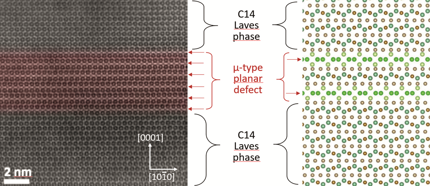 Fig. 1: Atomically resolved STEM image of a C14-type, Nb-rich NbFe2 Laves phase revealing an extended, coherent planar defect containing structural motifs marked by red arrows that are characteristic for the crystal structure of the Fe-Nb µ phase. For better visualization of the characteristic atomic arrangement in the planar defect, on the right side a magnified sketch of the structure is shown containing as an example a planar defect with two rows of the µ phase structural motifs.