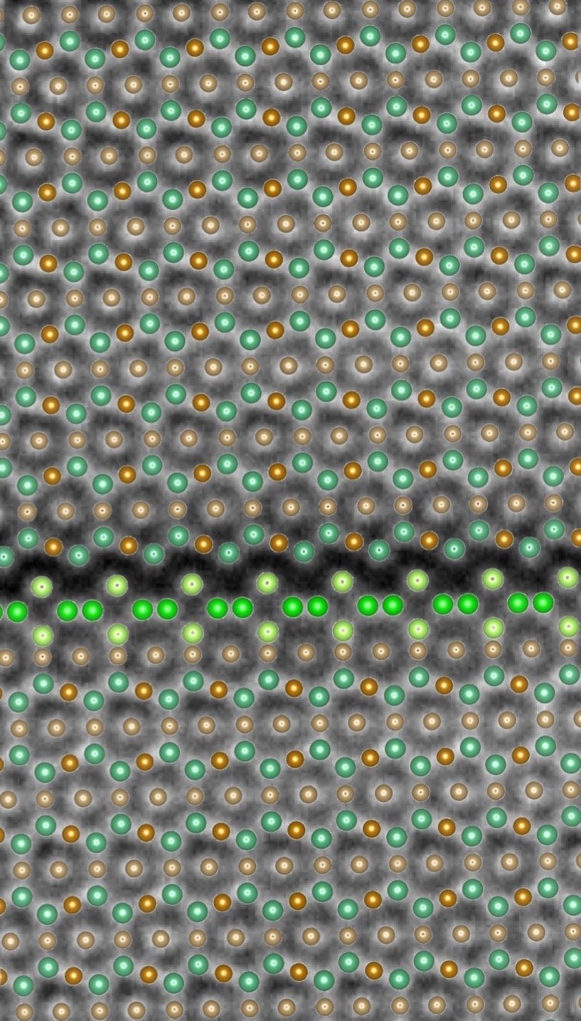 Fig. 1: Atomic resolution low angle annular dark-field (LAADF) STEM image of a basal fault in a Nb-rich NbFe2 Laves phase with μ phase type building blocks. 