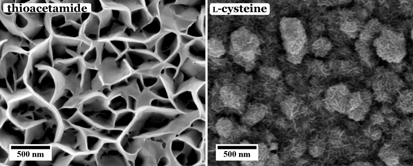Figure 1: Comparison of CuInS2 films solvothermally grown using thioacetamide (left) and l-cysteine (right) as sulfur source.