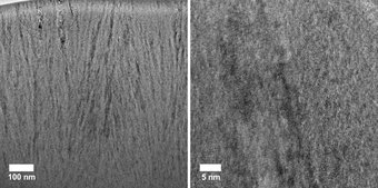 TEM micrographs in cross-section of a thin film of Mo2BC prepared by high power pulsed magnetron sputtering (HPPMS). Left: bright field TEM image showing the columnar structure of the coating; right: high resolution TEM image resolving lattice planes in the textured nanocrystalline grains. TEM micrographs in cross-section of a thin film of Mo2BC prepared by high power pulsed magnetron sputtering (HPPMS). Left: bright field TEM image showing the columnar structure of the coating; right: high resolution TEM image resolving lattice planes in the textured nanocrystalline grains.