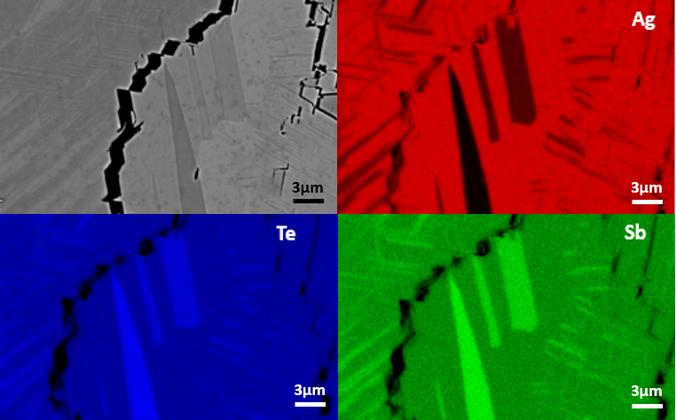 SEM micrograph showing multiple Sb,Te- rich precipitates embedded in the AgSbTe2 matrix. SEM micrograph showing multiple Sb,Te- rich precipitates embedded in the AgSbTe2 matrix.