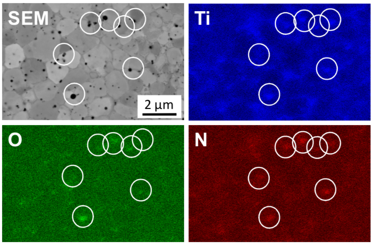 Oxide and nitride formation (together with Fe2Ti along gain boundaries) in ultrafine grained Fe-10Ti after processing under N2 atmosphere in L-PBF. Oxide and nitride formation (together with Fe2Ti along gain boundaries) in ultrafine grained Fe-10Ti after processing under N2 atmosphere in L-PBF.