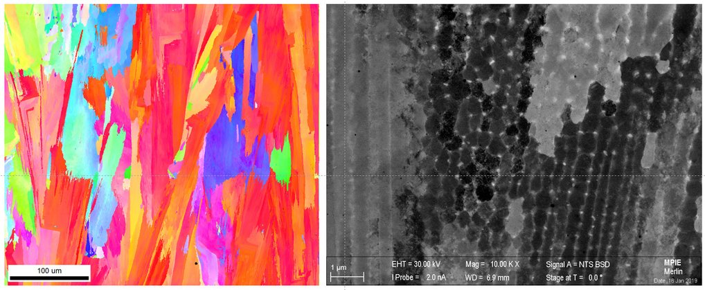 Microstructure of In718 produced by L-PBF before charging with hydrogen. Left: EBSD-IPF-map, right: SEM. Microstructure of In718 produced by L-PBF before charging with hydrogen. Left: EBSD-IPF-map, right: SEM.