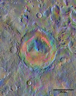Figure 1: Gale Crater as observed by the THEMIS instrument (thermal infrared) aboard Mars Odyssey. The colours correspond to dust, olivine, basaltic sand, sediment and average Martian surface. Source: NASA