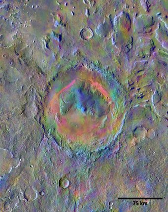 Figure 1: Gale Crater as observed by the THEMIS instrument (thermal infrared) aboard Mars Odyssey. The colours correspond to dust, olivine, basaltic sand, sediment and average Martian surface. Source: NASA Figure 1: Gale Crater as observed by the THEMIS instrument (thermal infrared) aboard Mars Odyssey. The colours correspond to dust, olivine, basaltic sand, sediment and average Martian surface. Source: NASA