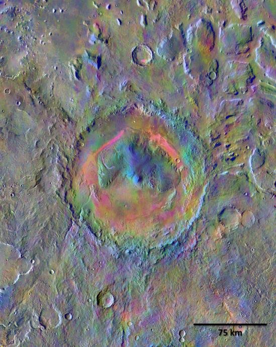 Figure 1: Gale Crater as observed by the THEMIS instrument (thermal infrared) aboard Mars Odyssey. The colours correspond to dust, olivine, basaltic sand, sediment and average Martian surface. Source: NASA  