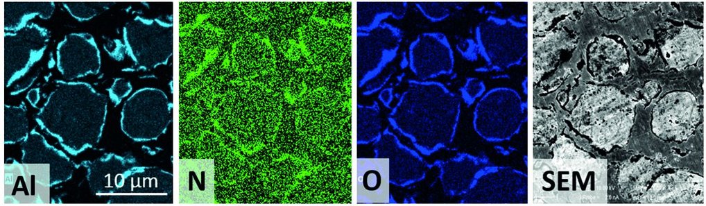 Fig. 1: Microstructure of SPS-sintered Fe-2.3Al powder that had been gas nitrided and hydrogen reduced prior to sintering. A shell of Al-rich oxynitrides around the previous powder particles is visible. Element distribution of Al, N, O and SEM image in microstructure.