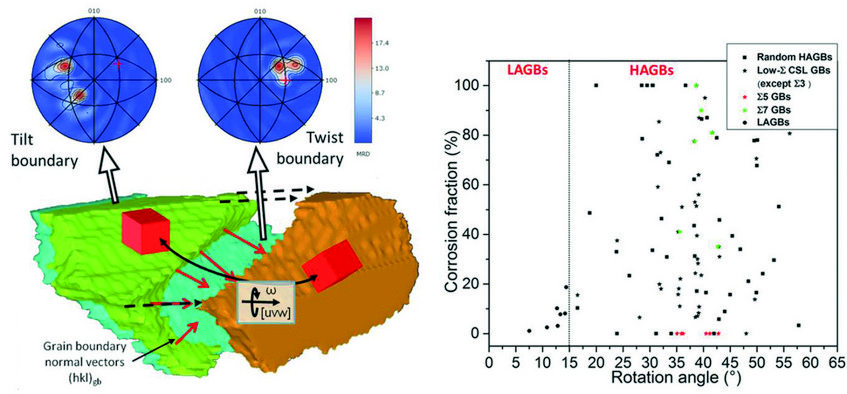 Fig. 1: (a) 3D orientation microscopy image and GB pole figures of 3 grains in a FeNi alloy. (b) Corrosion properties of GBs in a stainless steel displayed over the GB misorientation angle. For low angle GB (LAGB) corrosion increases with misorientation angle. No clear correlation is visible for high angle GB (HAGB) because GB planes are not considered in the graph. Fig. 1: (a) 3D orientation microscopy image and GB pole figures of 3 grains in a FeNi alloy. (b) Corrosion properties of GBs in a stainless steel displayed over the GB misorientation angle. For low angle GB (LAGB) corrosion increases with misorientation angle. No clear correlation is visible for high angle GB (HAGB) because GB planes are not considered in the graph.