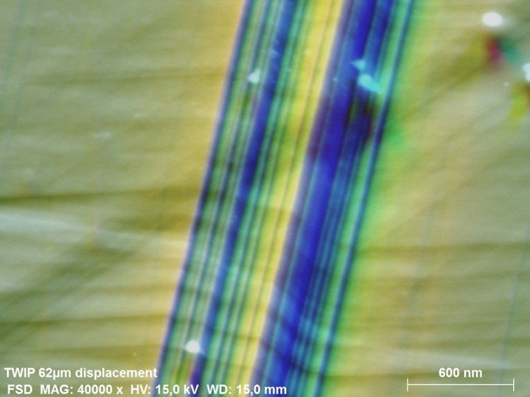 Nanotwins in Fe-22 wt-% Mn-0.6 wt-% C TWinning Induced Plasticity (TWIP) steel. Three separate forward scatter electron diodes produce individual RGB signals, allowing qualitative misorienta-tion to be seen by color differences in the image.