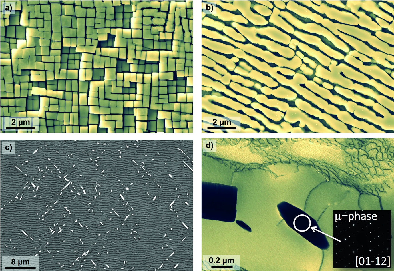Evolution of the single crystal Ni-base superalloy during high temperature service: (a) SEM micrographs of the initial microstructure, γ’ cubes in the γ matrix; (b) rafted microstructure after creep (160 MPa at 1050 °C, 1% strain) and, (c) nucleated topologically close-packed (TCP) phases in the dendritic regions. (d) TEM micrograph showing a TCP particle and its cor-responding electron diffraction pattern.