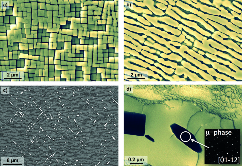 Evolution of the single crystal Ni-base superalloy during high temperature service: (a) SEM micrographs of the initial microstructure, γ’ cubes in the γ matrix; (b) rafted microstructure after creep (160 MPa at 1050 °C, 1% strain) and, (c) nucleated topologically close-packed (TCP) phases in the dendritic regions. (d) TEM micrograph showing a TCP particle and its cor-responding electron diffraction pattern. Evolution of the single crystal Ni-base superalloy during high temperature service: (a) SEM micrographs of the initial microstructure, γ’ cubes in the γ matrix; (b) rafted microstructure after creep (160 MPa at 1050 °C, 1% strain) and, (c) nucleated topologically close-packed (TCP) phases in the dendritic regions. (d) TEM micrograph showing a TCP particle and its cor-responding electron diffraction pattern.