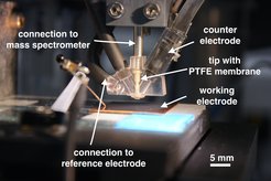 Coupling of an electrochemical scanning flow cell (SFC) to an online electrochemical mass spectrometer (OLEMS). A tip (white part) is introduced from the top of the cell and a PTFE membrane (20 nm pore size) is placed at its bottom. When the cell is approached to the working electrode, the distance between membrane and electrode is only 50-100 μm. Volatile products evolving on the electrode evaporate through the membrane and are analysed time respectively potential/current resolved by the mass spectrometer.