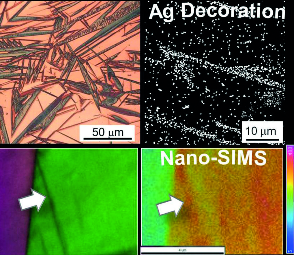 Fig. 2: Hydrogen mapping by: Ag decoration (above) in martensitic-austenitic steel (collaboration with the Kyushu University); Nano-SIMS (below) in a TWIP steel (collaboration with RWTH Aachen and LIST). In the former higher hydrogen content is observed in martensite plates, while in the latter, in deformation-induced mechanical twins. Fig. 2: Hydrogen mapping by: Ag decoration (above) in martensitic-austenitic steel (collaboration with the Kyushu University); Nano-SIMS (below) in a TWIP steel (collaboration with RWTH Aachen and LIST). In the former higher hydrogen content is observed in martensite plates, while in the latter, in deformation-induced mechanical twins.