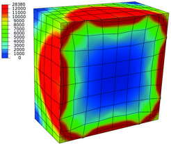 Stress distribution in MPa during hydride growth in anisotropic Ni. The hydride has an eigenstrain that results in the deformed grid highlighting the growth of the spherical inclusion in the restricted, i.e. periodic, space.
