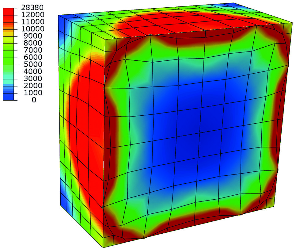 Stress distribution in MPa during hydride growth in anisotropic Ni. The hydride has an eigenstrain that results in the deformed grid highlighting the growth of the spherical inclusion in the restricted, i.e. periodic, space.