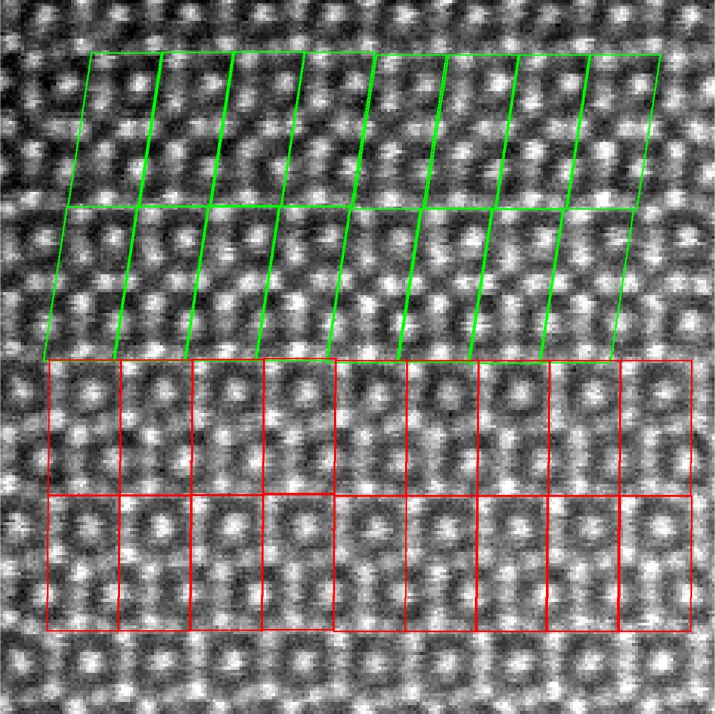 Fe2-xNb mixed phase: automatically detected unit cells (red and green boxes) in a two-phase region Fe2-xNb mixed phase: automatically detected unit cells (red and green boxes) in a two-phase region
