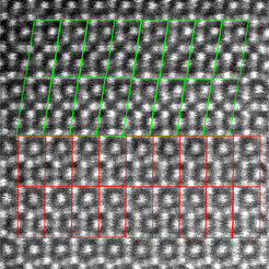 Fe2-xNb mixed phase: automatically detected unit cells (red and green boxes) in a two-phase region