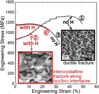Fig. 1: Stress-strain curves for the steel from slow strain rate tensile tests. Conventionally processed sample without H (curve 1): ductile fracture and high total elongation. Charging with H (curve 2): intercrystalline fracture and high loss of total elongation. Modified processing (curve 3 and 4) increases yield strength and lower loss of total elongation by H. Fig. 1: Stress-strain curves for the steel from slow strain rate tensile tests. Conventionally processed sample without H (curve 1): ductile fracture and high total elongation. Charging with H (curve 2): intercrystalline fracture and high loss of total elongation. Modified processing (curve 3 and 4) increases yield strength and lower loss of total elongation by H.