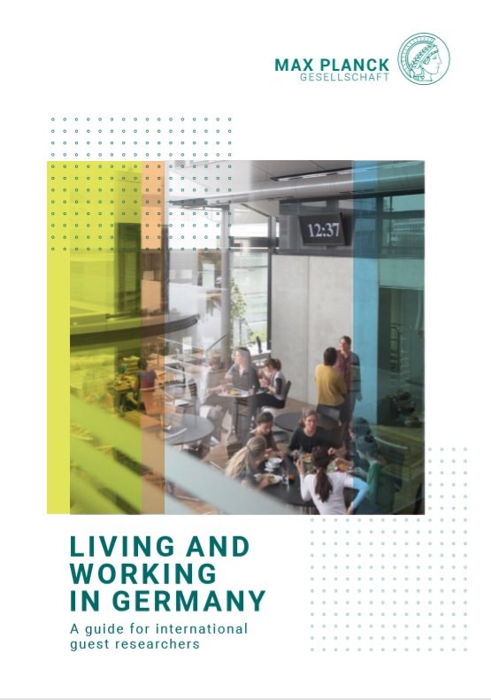 The cover of the "Living and Working in Germany" guide by Max Planck Society depicts a busy cafeteria scene, with various people engaged in conversation and dining, under a digital clock displaying 12:37.