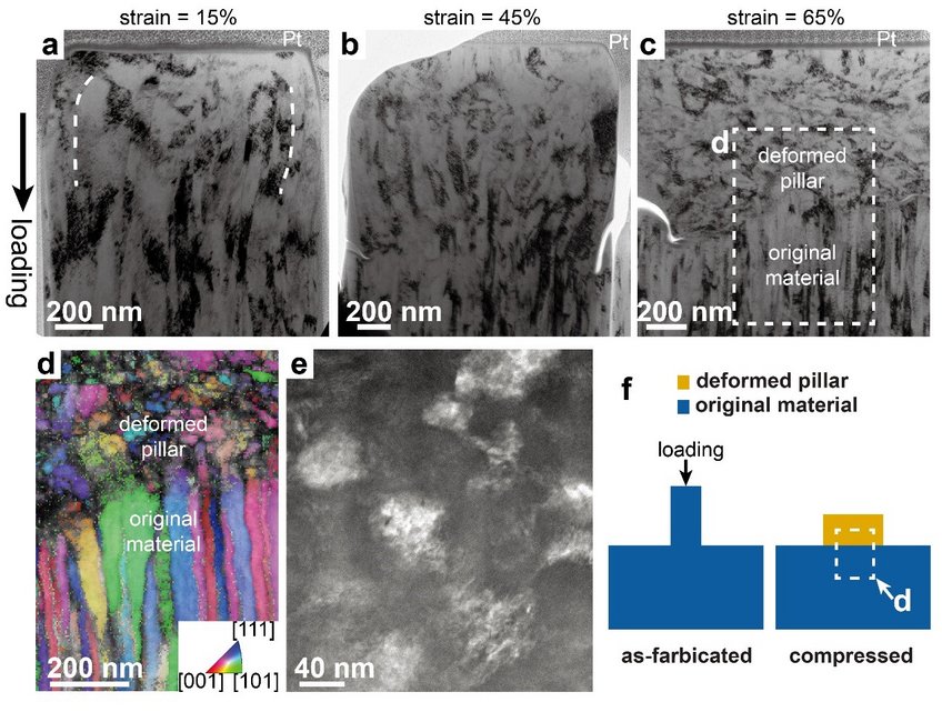 Structure evolution of the massive interstitially alloyed HEA.
a,b,c, TEM images revealing the grain structure evolution with increasing strain. d, A grain orientation map acquired using TKD in the rectangle region in (c). e, A typical LAADF-STEM image showing the refined grains in the deformed region of (d). f, A schematic diagram illustrating the location where the TKD specimen (d) was taken from. Structure evolution of the massive interstitially alloyed HEA.
a,b,c, TEM images revealing the grain structure evolution with increasing strain. d, A grain orientation map acquired using TKD in the rectangle region in (c). e, A typical LAADF-STEM image showing the refined grains in the deformed region of (d). f, A schematic diagram illustrating the location where the TKD specimen (d) was taken from.