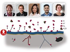 Wie schützt man Stahl vor Wasserstoffversprödung? Das Max-Planck-Team (von links nach rechts: Christina Scheu, Gerhard Dehm, Jazmin Duarte Correa, Hariprasad Gopalan, Anna Frank) ist Teil einer Forschungskooperation, die Wasserstoff-resistente Beschichtungen entwickelt. Diese Beschichtungen werden es zukünftig erlauben auch kostengünstige Stähle in der Wasserstoff-Technologie zu verwenden.