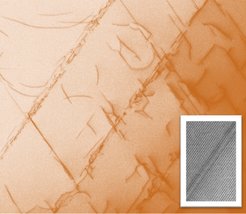 Bild 1: Zoom mit dem Transmissionselektronenmikroskop in einen Ausschnitt einer kleinen Silizium-Biegefeder. Die eingefärbte Aufnahme zeigt die Versetzungslinien (dunkel). Der weiß umrandete Ausschnitt zeigt die atomare Anordnung von Imperfektionen im Silizium, die durch die mechanische Belastung entstanden sind.