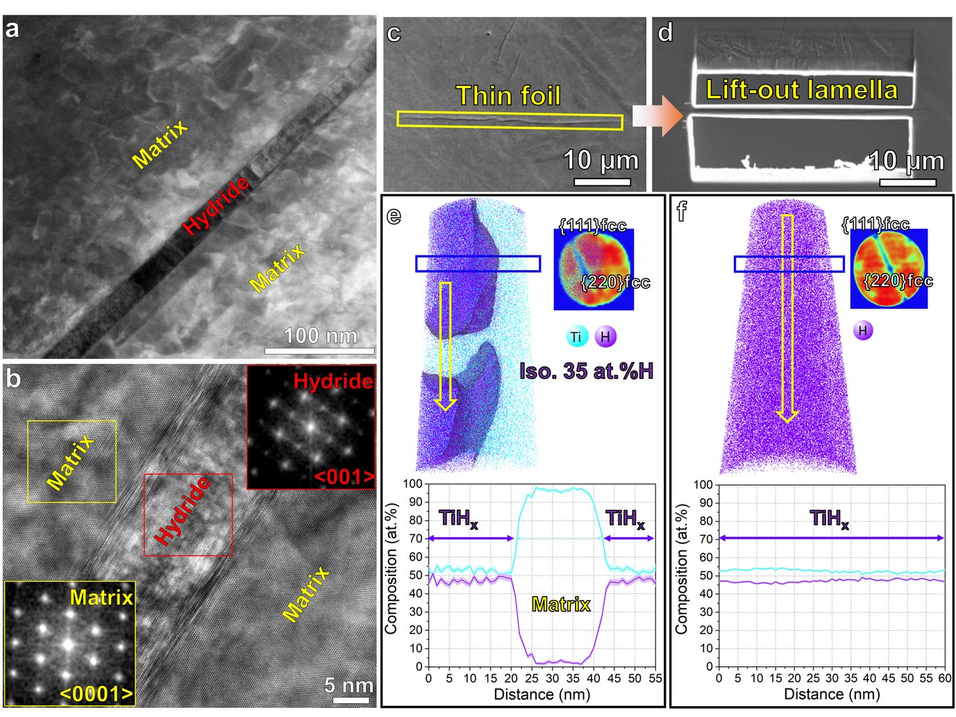 Figure 1. (a) HAADF-STEM imaging of hydride formation within Ti after jet electro-polishing. (b) HRTEM shows the orientation relationship between hydride and matrix. (c) SEM image of hydride laths in the electropolished TEM thin foil. (d) Site-specific lift-out lamella containing the long hydride lath indicated in (c); tomographic reconstruction maps of H and Ti distribution, detector histograms exhibiting the typical symmetry of FCC crystal structure, and 1D compositional profile along the yellow arrows at (e) the interface between the hydride and the α-Ti matrix, and (f) inside the hydride.