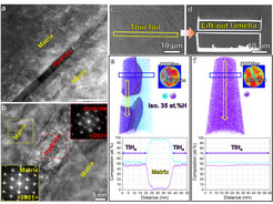 Figure 1. (a) HAADF-STEM imaging of hydride formation within Ti after jet electro-polishing. (b) HRTEM shows the orientation relationship between hydride and matrix. (c) SEM image of hydride laths in the electropolished TEM thin foil. (d) Site-specific lift-out lamella containing the long hydride lath indicated in (c); tomographic reconstruction maps of H and Ti distribution, detector histograms exhibiting the typical symmetry of FCC crystal structure, and 1D compositional profile along the yellow arrows at (e) the interface between the hydride and the α-Ti matrix, and (f) inside the hydride.