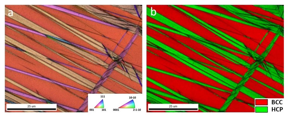 Figure 2. EBSD results of the refractory Ti4Zr4Hf3Ta high entropy alloy after room temperature compression. (a) inverse pole figure + image quality map; (b) phase map.