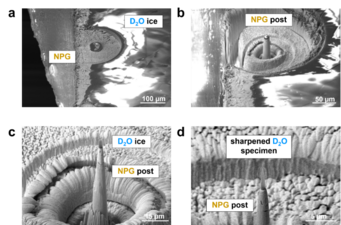 Scanning electron images of in situ APT specimen preparation of an ice sample on nanoporous gold. Scanning electron images of in situ APT specimen preparation of an ice sample on nanoporous gold.