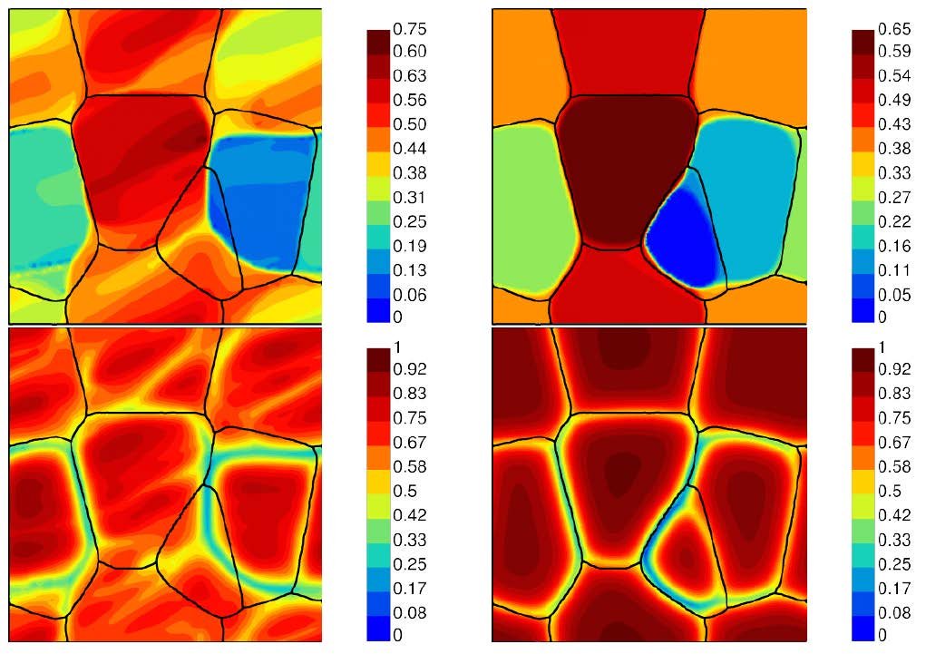 Grain boundary migration after straining in a few grains: 1 slip system per grain (left), four slip systems per grain (right); lattice orientation field (top), cristallinity phase field (bottom)