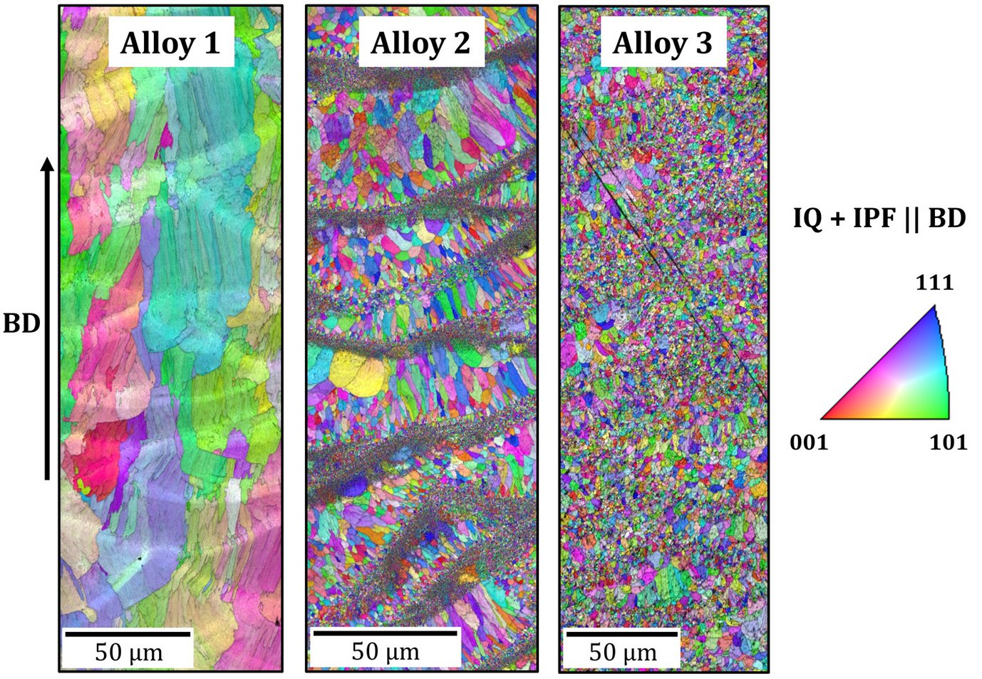 Figure 2: EBSD-IPF maps showing microstructures of three L-PBF produced aluminium alloys with different degrees of grain refinement (BD: building direction).