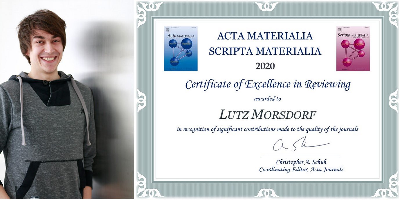 Dr. Lutz Morsdorf is Top-Reviewer 2020 of the journals Acta Materialia / Scripta Materialia.