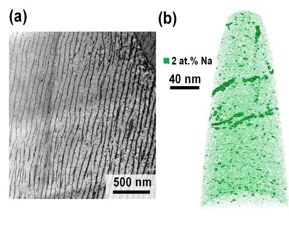 Fig. 1: a) Transmission electron microscopy image showing a high density of parallel dislocations. b) Atom probe tomography data revealing that the dislocations are Na rich.