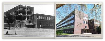 Links: Zerstörtes Hauptgebäude des Max-Planck-Instituts für Eisenforschung nach einem Bombenangriff der Alliierten 1943. Rechts: das heutige Instituts-Hauptgebäude. Links: Zerstörtes Hauptgebäude des Max-Planck-Instituts für Eisenforschung nach einem Bombenangriff der Alliierten 1943. Rechts: das heutige Instituts-Hauptgebäude.