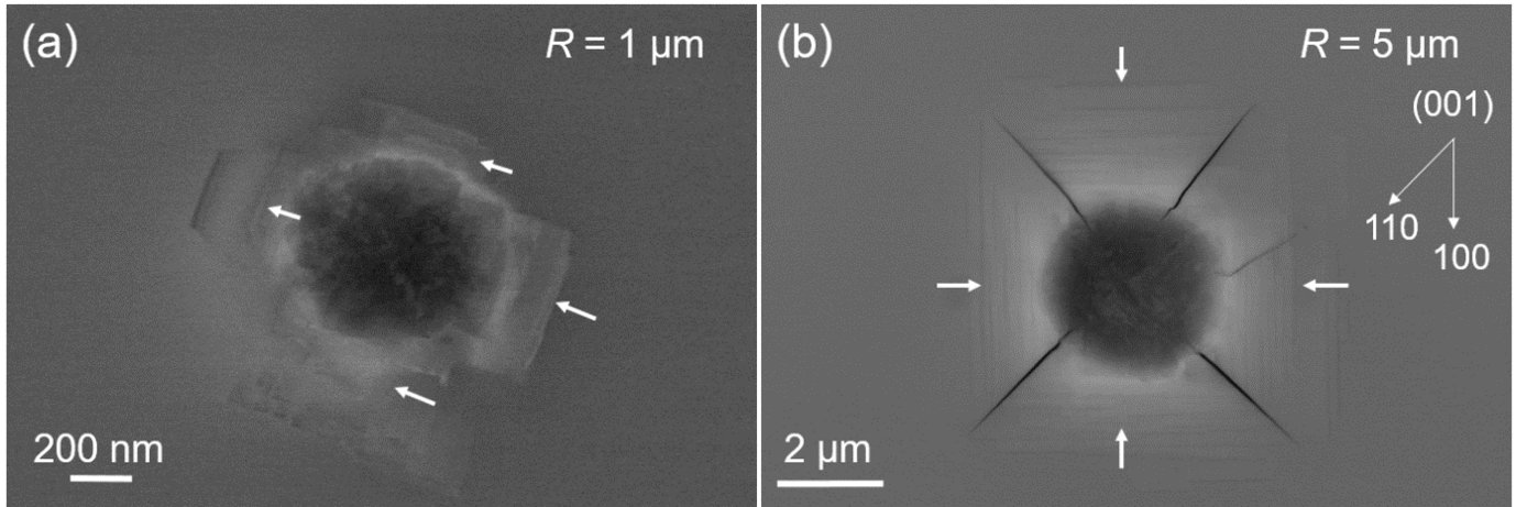 Fig. 1: Images taken on indented regions on (001) TiO2 where pop-in stop tests were carried out: (a) ECCI measurement showing no crack induced but features of (partial) dislocations which are not yet developed to twins [1] in the indented region and pileups (white arrows) with R = 1 μm; (b) ECCI measurement showing cracks initiated mainly on (110) planes, together with slip lines (white arrows) on all four  systems with R = 5 μm.