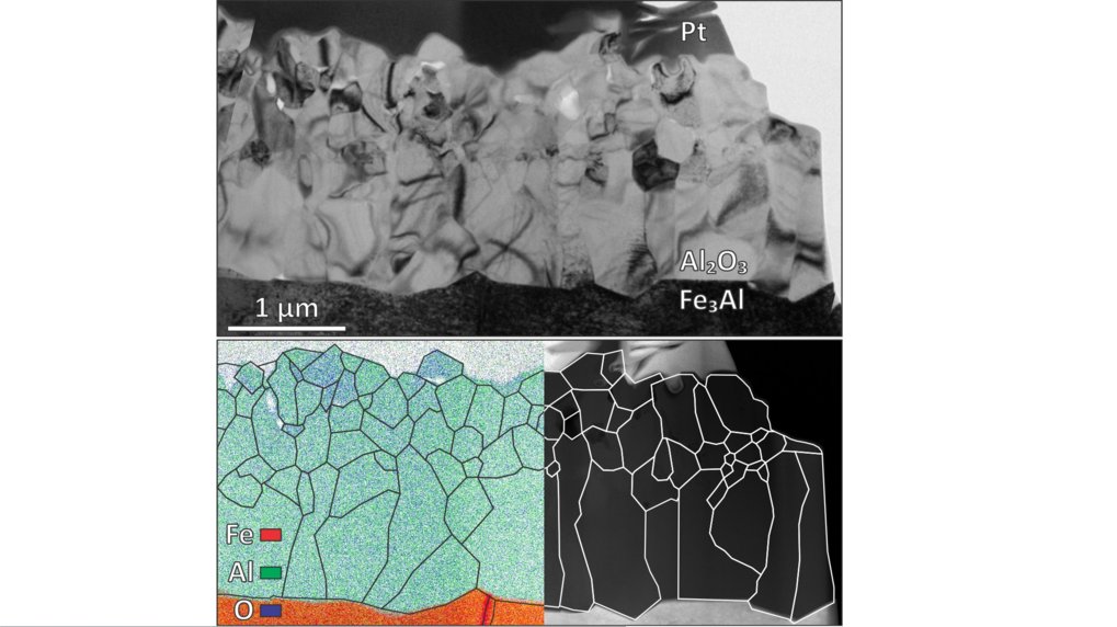Electron microscope images show Pt, Al₂O₃, and Fe₃Al layers with grain boundaries.