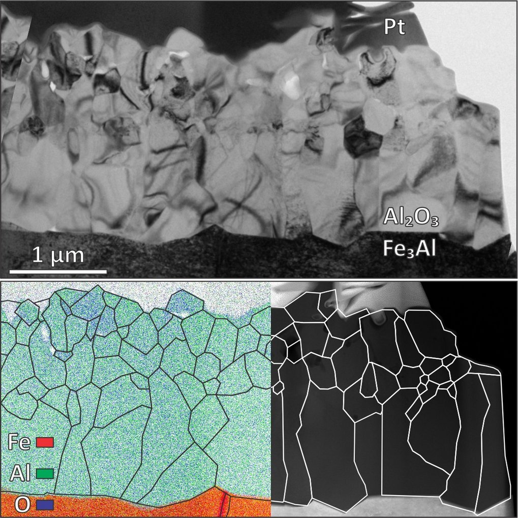 TEM micrograph of alumina scale formed on Fe3Al, with outlined grain boundaries, STEM and EDS maps Electron microscope image showing platinum, alumina, and iron-aluminum layers at 1 µm scale.