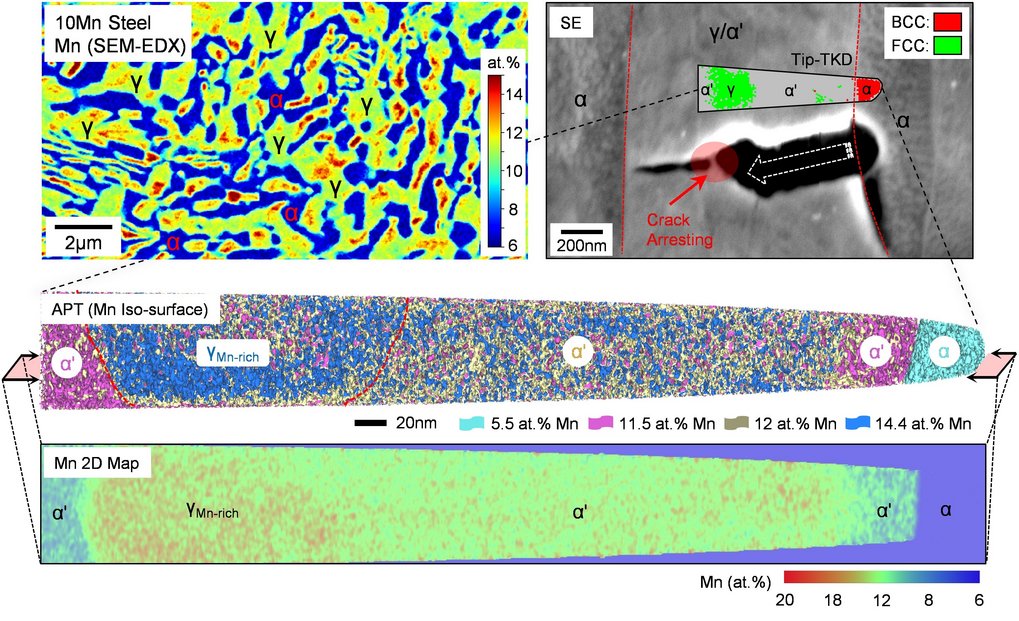 Fig. 1 Enhancing HE resistance via local H trapping and arresting of H-induced microcracks (reconstructed from Key Publication 2). Visual representation of manganese in 10Mn steel using SEM-EDX and APT techniques, highlighting crack arresting areas.