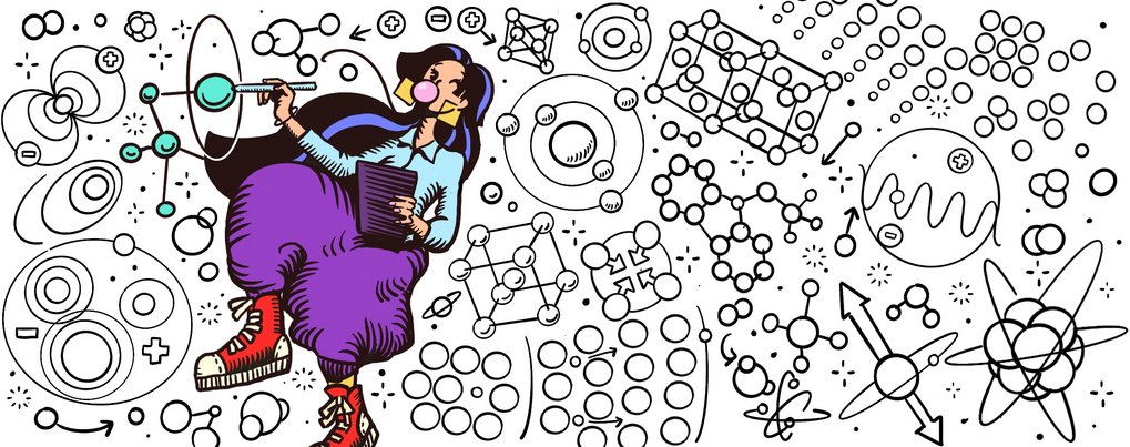 Frauen in der Wissenschaft Illustration einer Wissenschaftlerin in bunter Kleidung in Mitten von Diagrammen. Sie hält ein Tablet.