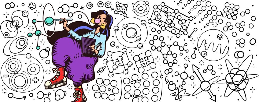 Frauen in der Wissenschaft Illustration einer Wissenschaftlerin in bunter Kleidung in Mitten von Diagrammen. Sie hält ein Tablet.