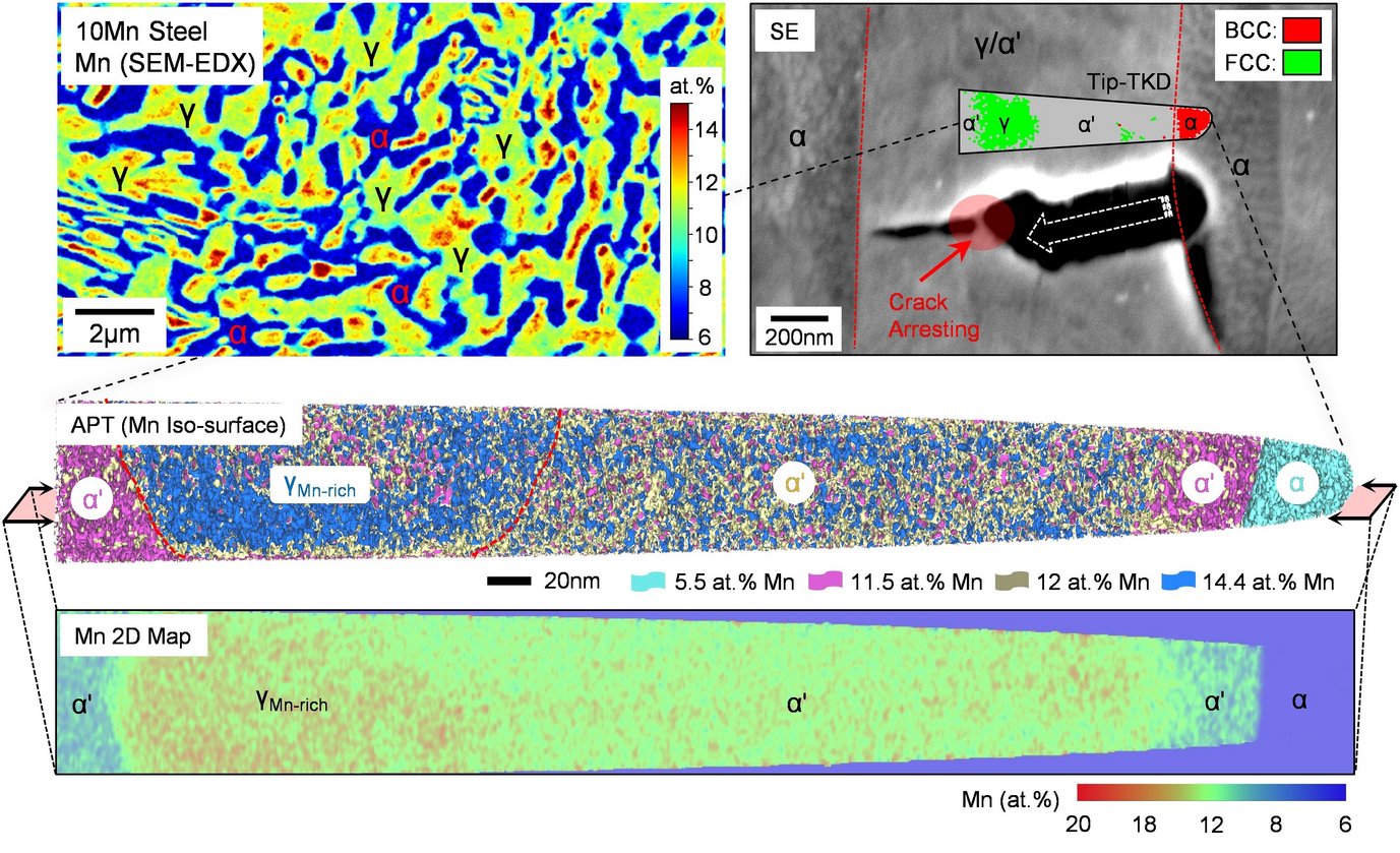 Fig. 1: Enhancing hydrogen embrittlement resistance via local hydrogen trapping and arresting of hydrogen-induced microcracks (reconstructed from Sun et al., Nat. Mater., 2021).
