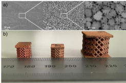 a) Novel materials through novel synthesis: the in-situ nanostructuring of TiB2 particles in a ferritic matrix during SLM of an FeTiB alloys ensures a unique property combination of high stiffness and strength coupled with low density. b) Millimeter scale pure Cu (green laser) and CCZ octet lattice architectures fabricated using SLM (infra-red laser).