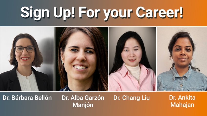 Dr. Bárbara Bellón, Dr. Alba Garzón Manjón, Dr. Ankita Mahajan, und Dr. Chang Liu wurden durch die Max-Planck-Gesellschaft ausgewählt, um am Karriereprogramm "Sign Up!" teilzunehmen. Dr. Bárbara Bellón, Dr. Alba Garzón Manjón, Dr. Ankita Mahajan, und Dr. Chang Liu wurden durch die Max-Planck-Gesellschaft ausgewählt, um am Karriereprogramm "Sign Up!" teilzunehmen.