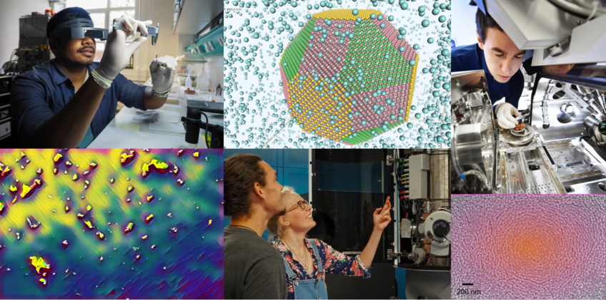 © Max-Planck-Institut für Nachhaltige Materialien GmbH; Frank Vinken, Max-Planck-Gesellschaft Image collage showing laboratory work and advanced research equipment, colorful microscopic patterns, and scientists discussing machinery.