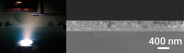 Fig. 1:  Reactive magnetron sputtering and SEM cross-section of Fe1-xO thin film. 