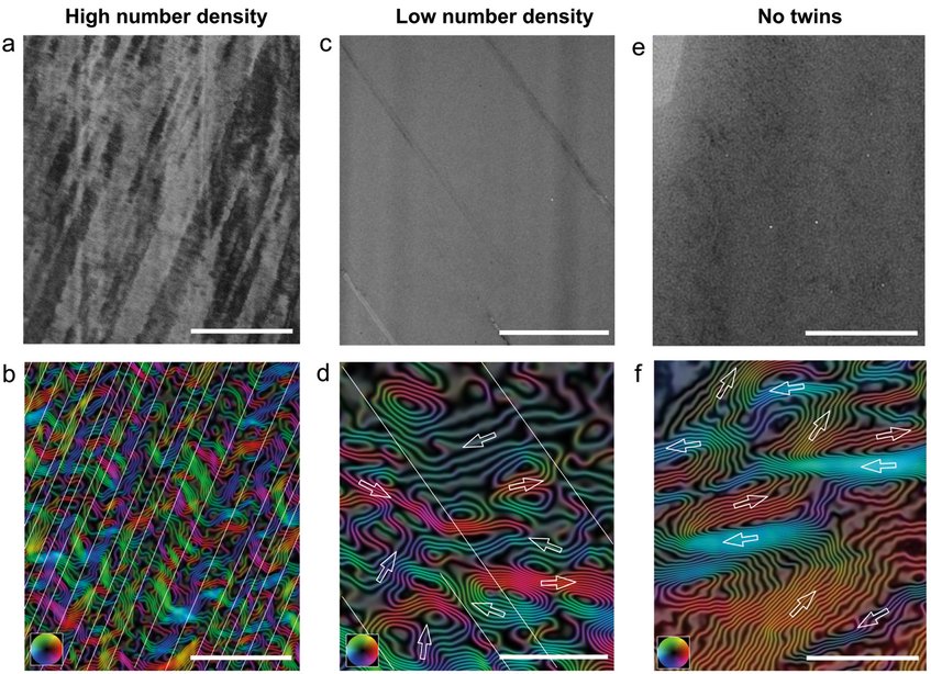Fig. 1: Magnetic domain structure of τ-MnAl with high- and with low-densities of micro-twins. (a, c, e) TEM images and (b, d, f) the corresponding in-plane magnetic induction map of magnetic domains extracted from off-axis electron holography. Fig. 1: Magnetic domain structure of τ-MnAl with high- and with low-densities of micro-twins. (a, c, e) TEM images and (b, d, f) the corresponding in-plane magnetic induction map of magnetic domains extracted from off-axis electron holography.